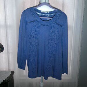 SOFT SURROUNDINGS 3/4 Sleeve Scoop Neck Denim Blue w/ Embroidery Tunic L